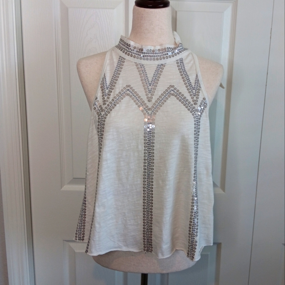 Free People Cream Graphic Embellished Tank Top